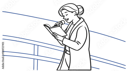 Woman delivering speech with microphone and book, black and white line art illustration