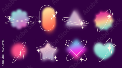 Y2k gradient shape elements with dreamy blur effect - glowing ovals, stars, orbital rings with sparkles. Soft pastel rainbow colors ethereal forms for nostalgic retro futuristic digital designs.