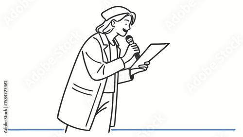 Smiling Person Public Speaking with Microphone and Document - Minimalist Line Art Illustration