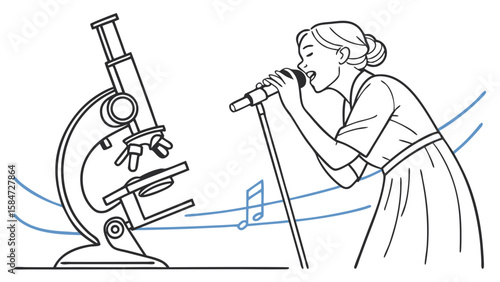 Scientific Observation Meets Musical Expression: Line Art Illustration of Microscope and Singer