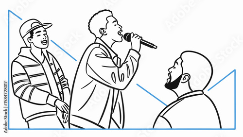 Dynamic Line Art Illustration of Men Performing Music with a Microphone