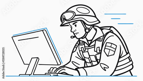 Soldier in tactical gear working on computer with headset, line art illustration. Military technology and cyber operations.