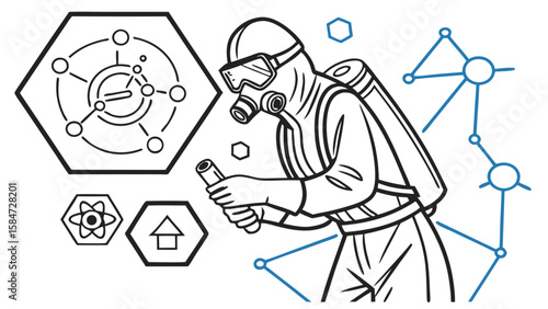 Researcher in Hazmat Suit Analyzing Sample with Scientific Data Icons