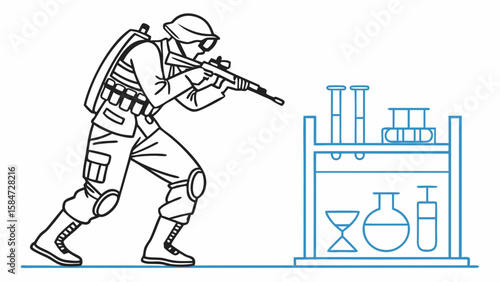 Soldier aiming rifle at chemical lab glassware. Military security, scientific threat, or hazardous materials concept.