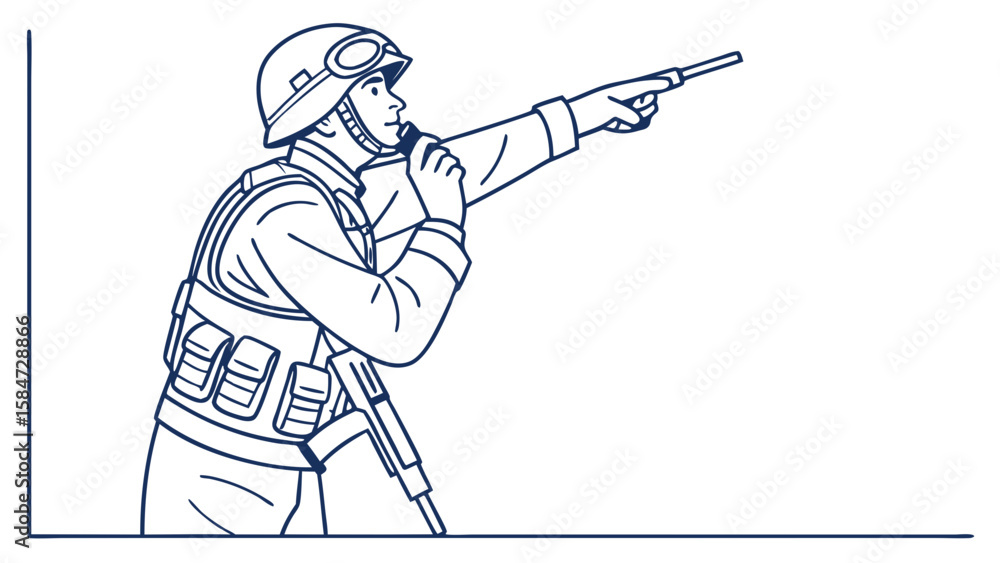 Fototapeta premium Line art illustration of tactical soldier pointing forward and communicating with a radio