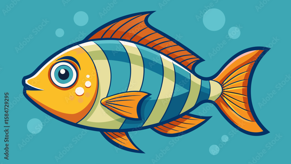 Fototapeta premium Vector art of a cartoon fish with blue and orange stripes swims in the clear blue water with bubbles