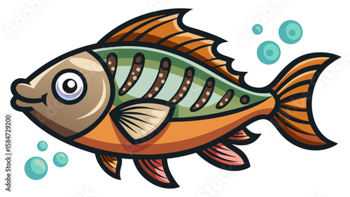 Vector art of a cartoon fish with brown and green scales swims among bubbles in the clear water