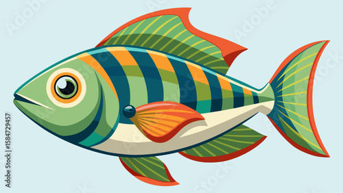 Vector art of a whimsical cartoon fish with green and orange stripes glides through the water with ease