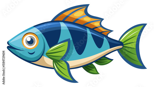 Vector art of a blue cartoon fish with green fins swims in the sea
