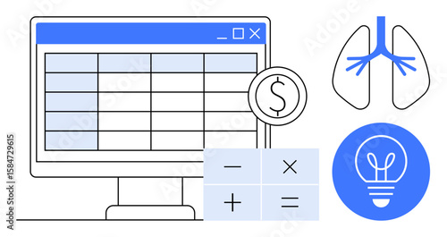 Computer screen displaying a spreadsheet, calculator with math symbols, dollar icon, lungs diagram, and light bulb. Ideal for finance, healthcare, innovation, education technology research simple
