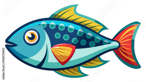 Vector art of a blue cartoon fish with yellow fins swims in the sea