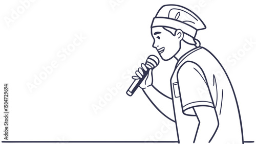 Happy Person in Chef Hat Singing into Microphone Line Art Illustration