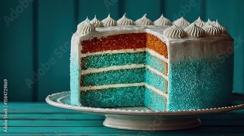 A vibrant, layered cake with teal and orange frosting.