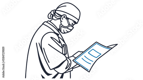 Medical Professional Reviewing Chart. Doctor in Scrubs and Mask. Healthcare Worker Line Art Illustration.