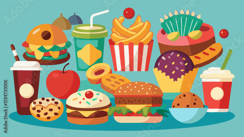 Vector art of a playful arrangement of fast food and dessert icons, including burgers, fries, cupcakes, and drinks, are presented in a colorful style