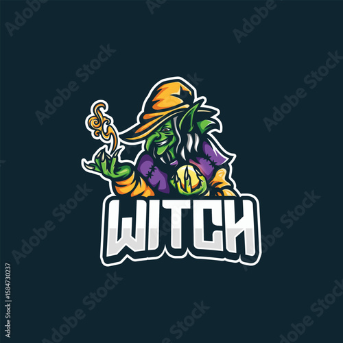 Goblin witch mascot logo, holding a crystal ball and poison spell, gaming branding template
