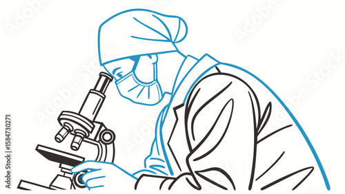 Scientist Using Microscope in Laboratory. Medical Research and Healthcare Concept Line Art Illustration.