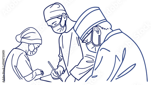 Surgical Team Performing Operation. Healthcare Professionals in Scrubs and Masks. Medical Procedure Illustration.