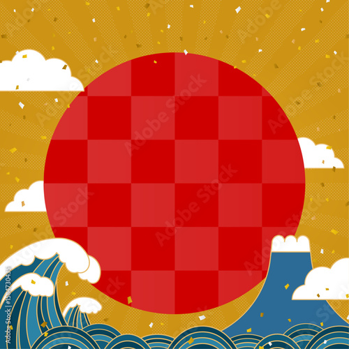 大波と富士山の間に日が昇る金色背景素材（正方形）