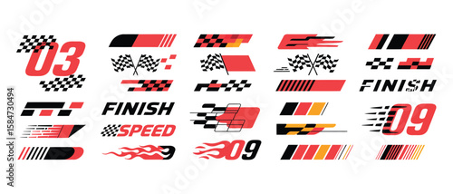 Racing cars, flags, stripe set, motocross labels, tuning decals vector set

