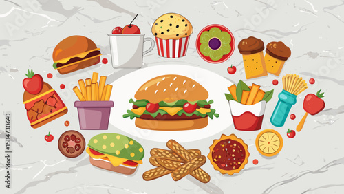 Vector art of a cheerful cartoon arrangement of burgers, fries, donuts, and cupcakes, perfect for a fun and inviting foodrelated design