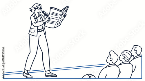 Public speaker addressing audience with microphone. Professional presentation event line art illustration.
