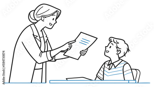 Teacher explaining lesson to student, educational support illustration in line art style.