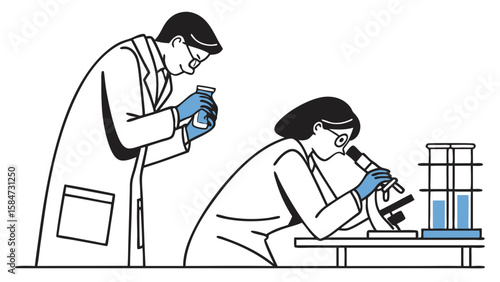 Scientists in lab coats conducting research with microscope and test tubes. Scientific experiment, medical discovery, and innovation concept.