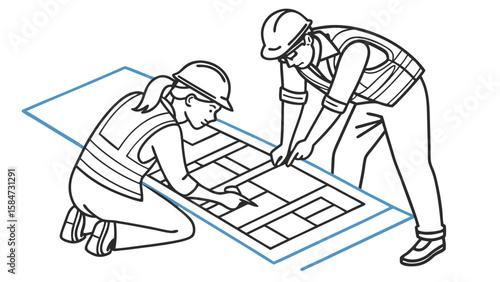 Construction Workers Examining Blueprints. Engineering and Architecture Project Planning Illustration.