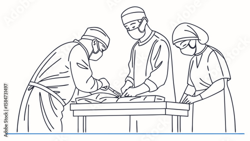 Surgical Team Performing Operation in Operating Room Line Art