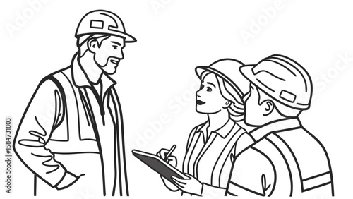 Industrial Professionals in Hard Hats Discussing Plans and Taking Notes