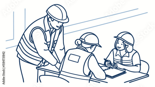 Construction Team Collaboration: Engineers in Hard Hats and Vests Reviewing Project Plans and Safety Briefing