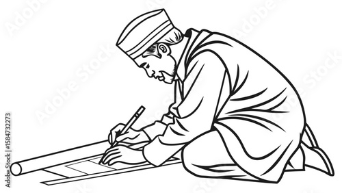 Man in traditional cap kneeling and writing on a long scroll. Black and white line art illustration depicting an artisan or scholar.