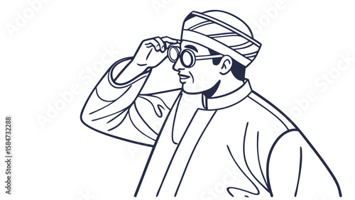 Man in Headwrap and Glasses Looking Forward - Vector Line Art Illustration