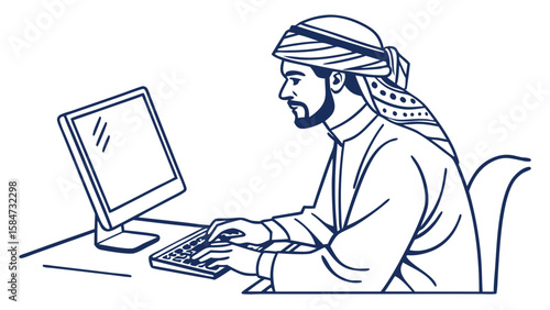 Arab Man Working on Desktop Computer. Line Art Illustration for Business, Education & Technology.