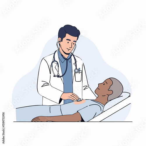 Flat Vector of Male Doctor Checking Patient's Heartbeat with Stethoscope – Minimal Medical Illustration with Soft Colors
