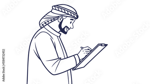 Smiling Middle Eastern Man in Traditional Attire Working on Digital Tablet or Clipboard