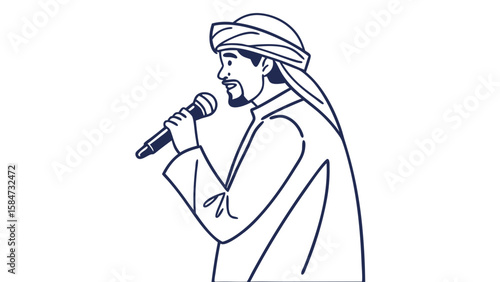 Man in turban holding microphone, simple line art illustration. Speaker, singer, or performer icon.
