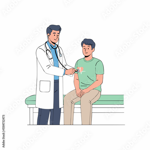Flat Vector of Male Doctor Checking Patient's Heartbeat with Stethoscope – Minimal Medical Illustration with Soft Colors