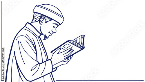 Muslim Man Reading Book in Traditional Attire, Simple Line Art Illustration