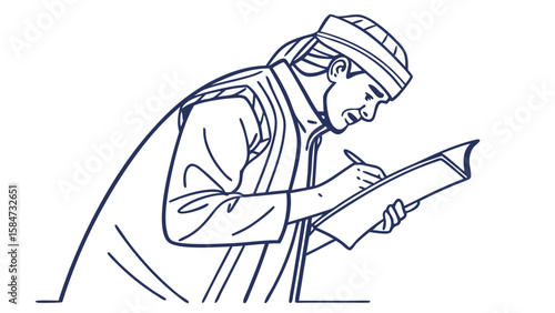 Focused Man in Traditional Attire Writing in a Book - Line Art Illustration