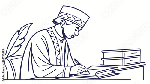 Traditional Scholar Writing with Quill Pen and Books, Education and Wisdom Concept Line Art