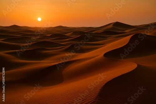 Fototapeta Naklejka Na Ścianę i Meble -  Golden Sand Dunes at Sunset with Dramatic Shadows and Fine Sand Texture in Vast Desert Landscape