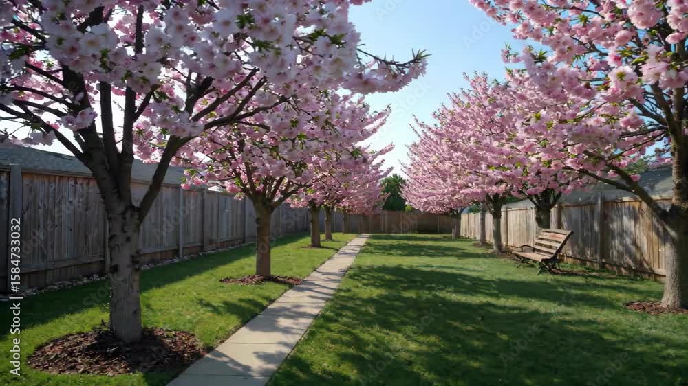there are many pink flowers on the trees in the yard there are many pink flowers on the trees in the yard
