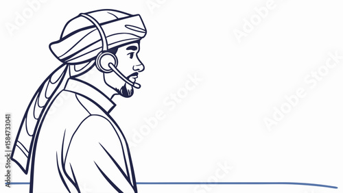 Middle Eastern Man in Traditional Headwear with Headset. Call Center, Customer Service, Communication Line Art Illustration