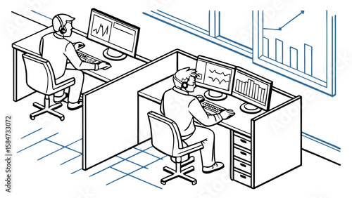 Data analysis professionals working with multiple monitors in a modern office cubicle setup, showing charts and graphs. Business illustration.