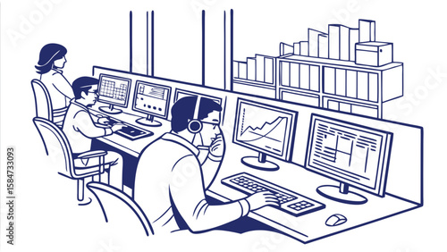 Control Room Operations: Professional Team Monitoring Data and Analytics on Multiple Screens. Digital Business Operations & Technology.