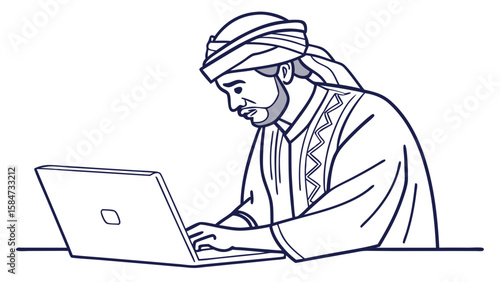 Middle Eastern Man in Traditional Attire Working on Laptop. Focused Professional Using Digital Device.