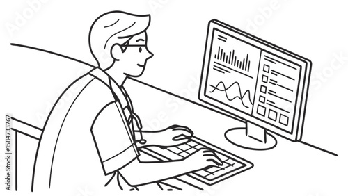 Line Art Illustration: Doctor Analyzing Medical Data on Computer Screen with Stethoscope. Healthcare Technology Concept.