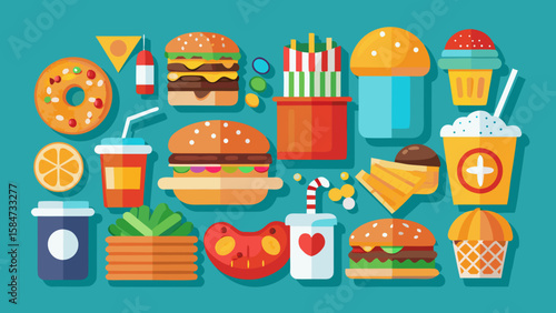 Vector art of a vibrant collection of popular fast food items and sweet treats arranged in a visually appealing flat design